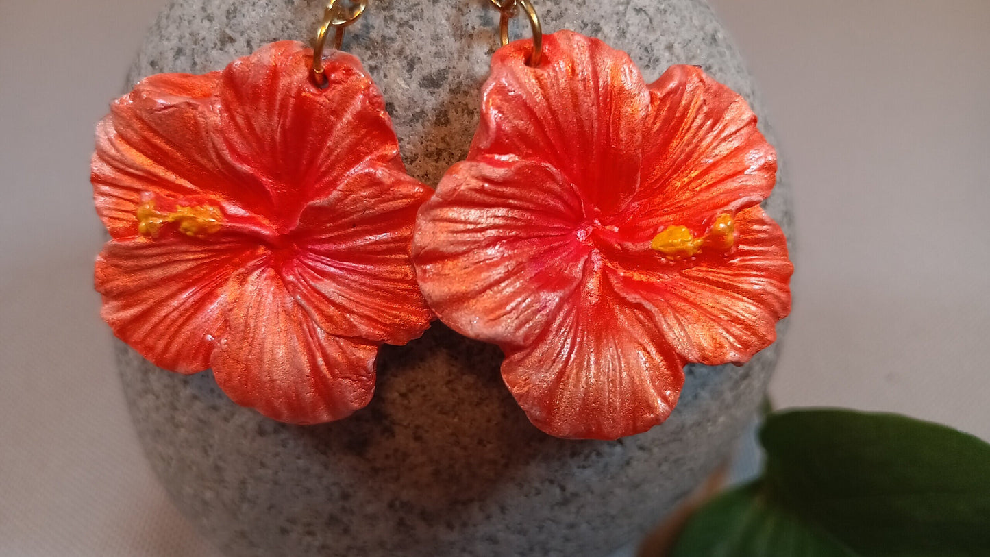 Bright Orange Lightweight Dangly Earrings, Hypoallergenic Bar Stud Earring, Handmade Paper Clay Earrings, Flower Earrings Dangle