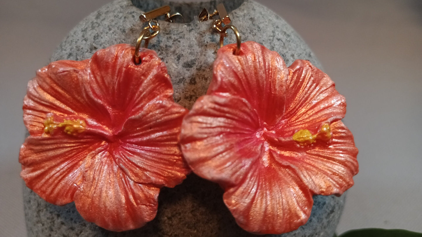 Bright Orange Lightweight Dangly Earrings, Hypoallergenic Bar Stud Earring, Handmade Paper Clay Earrings, Flower Earrings Dangle