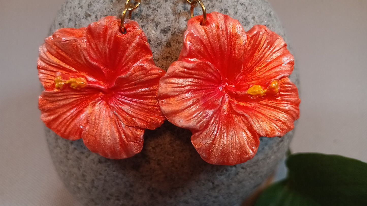 Bright Orange Lightweight Dangly Earrings, Hypoallergenic Bar Stud Earring, Handmade Paper Clay Earrings, Flower Earrings Dangle