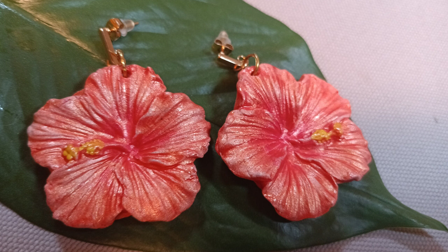 Bright Orange Lightweight Dangly Earrings, Hypoallergenic Bar Stud Earring, Handmade Paper Clay Earrings, Flower Earrings Dangle